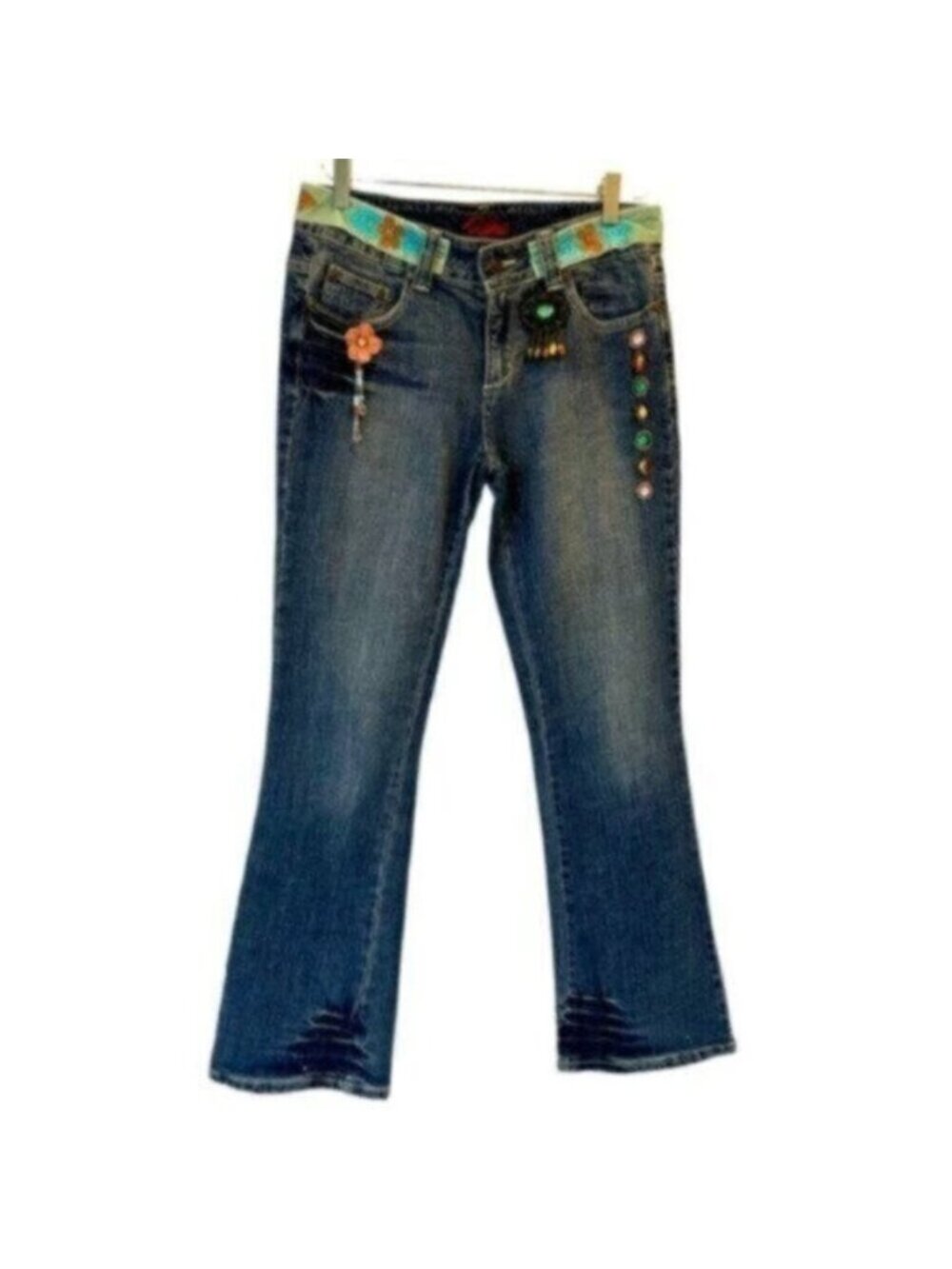 Leo Roma | Medium Wash Boho Denim Jeans With Velvet Belt & Gem Details Size 7